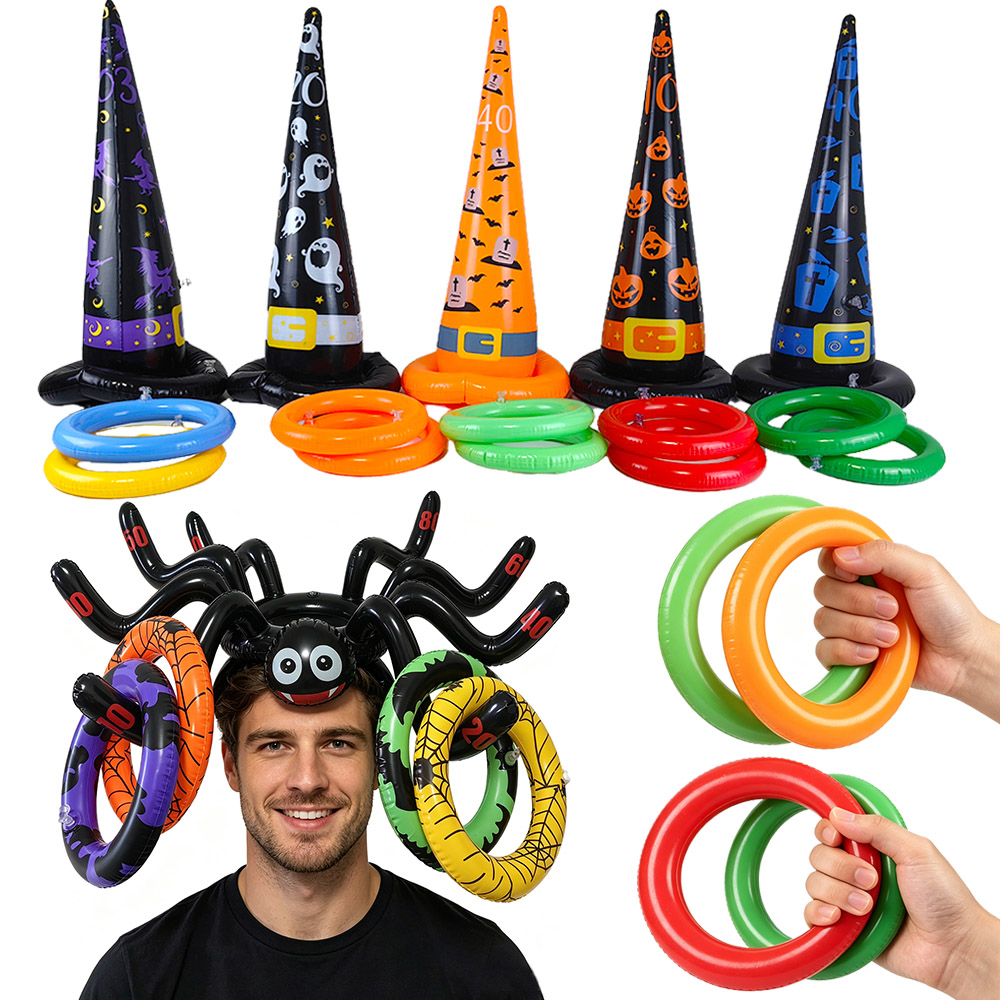 Ring Toss Outdoor - Aufblasbares Spinnen-Hexenhüte-Wurfspiel für Halloween-Partys und Familientreffen,
